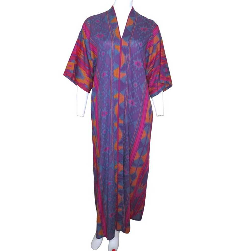 Vintage 60s Kaftan Loungewear Maxi Dress M Multi … - image 1