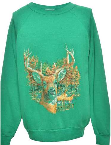 Green Reindeer Print Christmas Sweatshirt - L