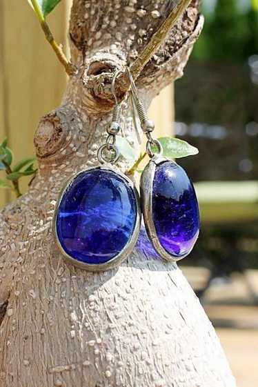 Handmade Blue Glass Oval Bezel Dangle Earrings |…