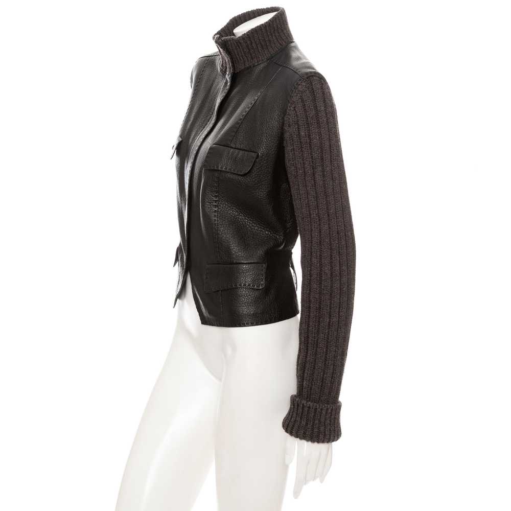 Brown Leather Knit Sleeve Biker Jacket - image 3
