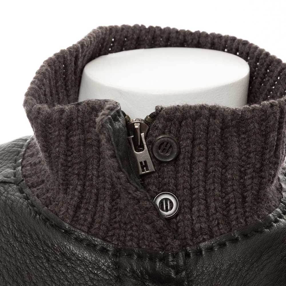 Brown Leather Knit Sleeve Biker Jacket - image 5