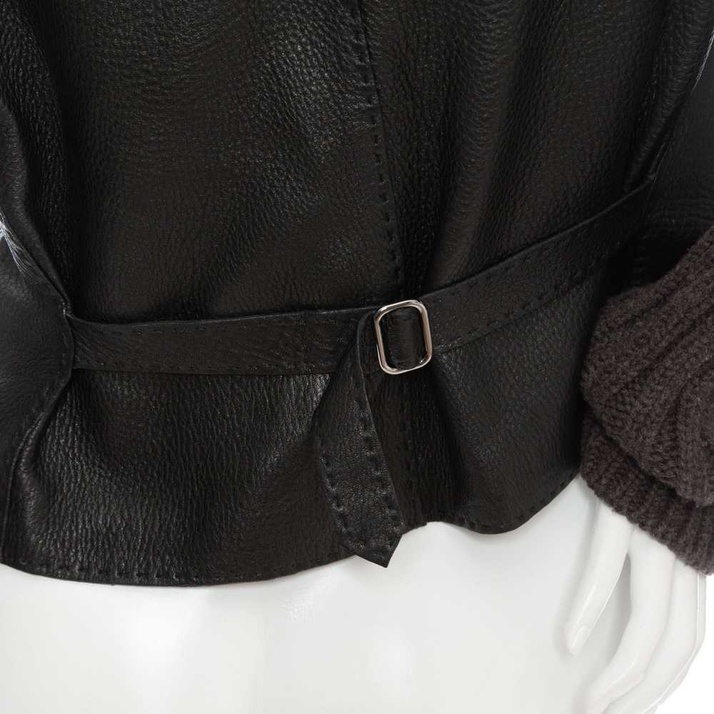 Brown Leather Knit Sleeve Biker Jacket - image 6