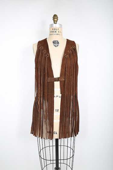 70s Vintage Brown Suede Boho Vest with Long Fring… - image 1