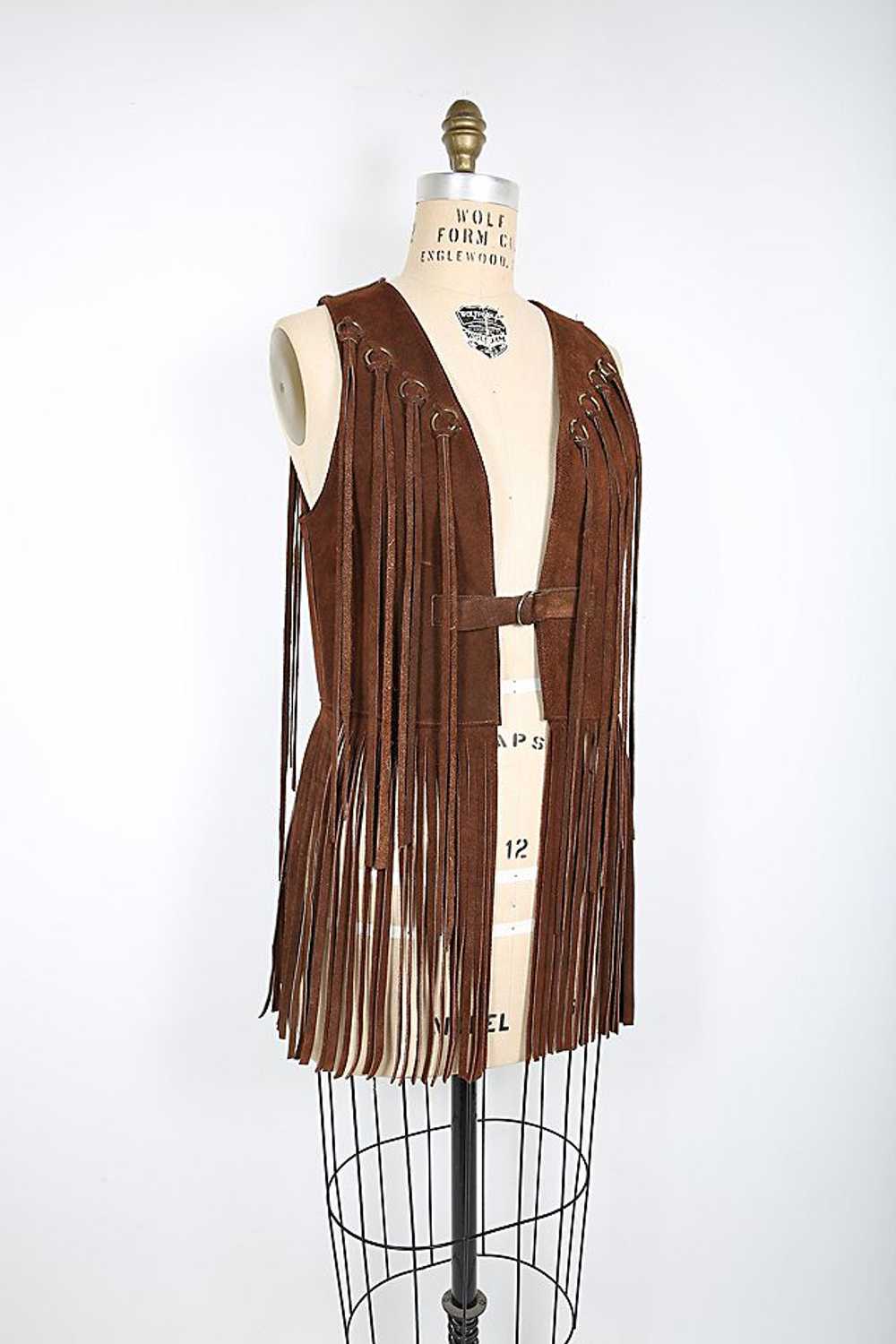 70s Vintage Brown Suede Boho Vest with Long Fring… - image 2