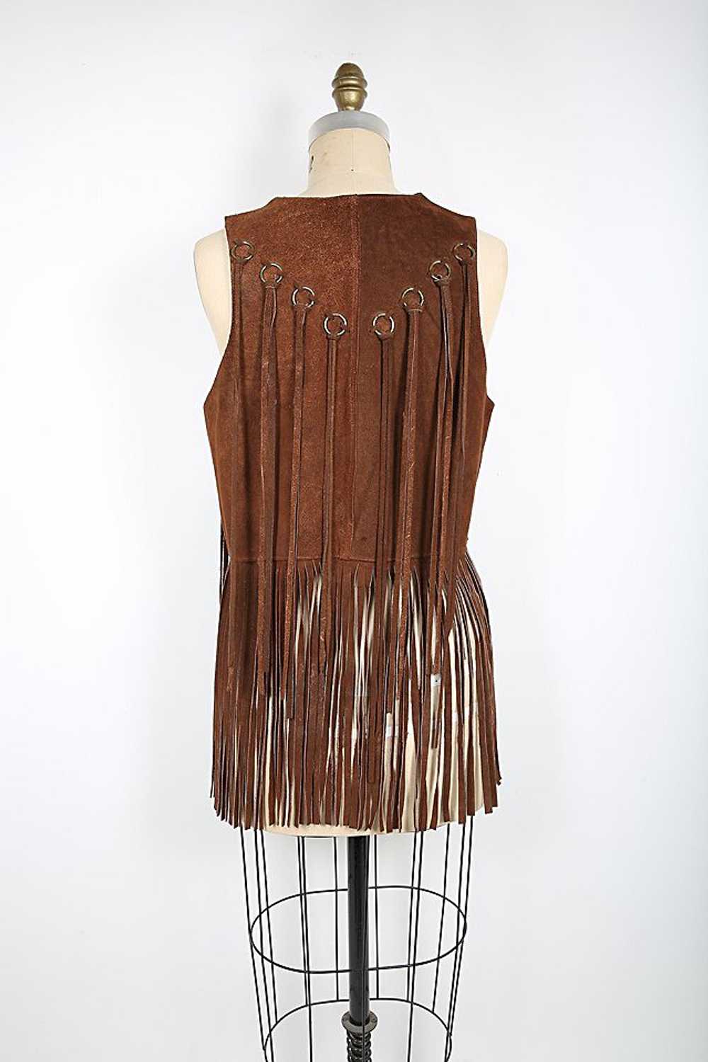 70s Vintage Brown Suede Boho Vest with Long Fring… - image 3