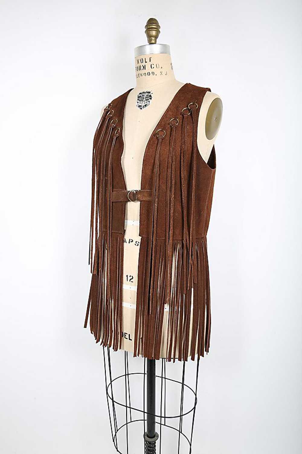 70s Vintage Brown Suede Boho Vest with Long Fring… - image 4