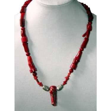 Vintage Red Coral and Bali Silver Necklace