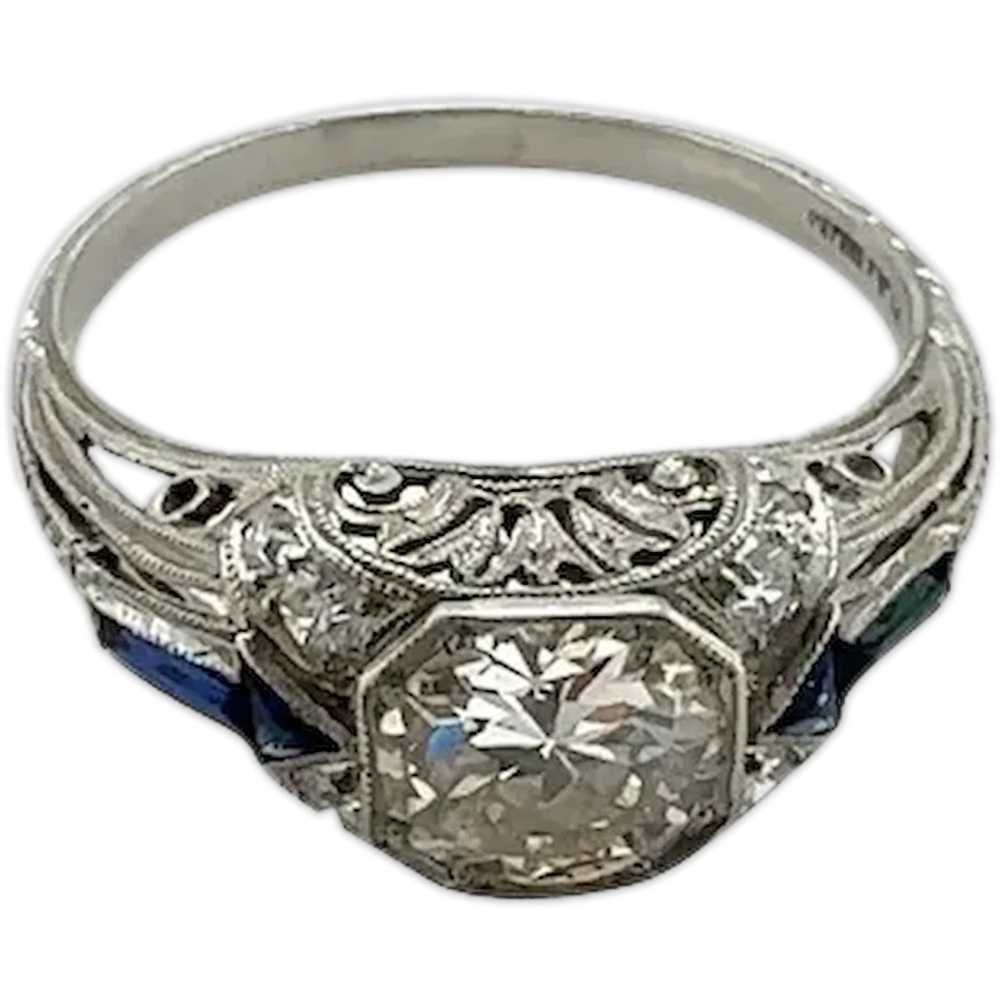 Art Deco Platinum Diamond and Sapphire Ring - image 1