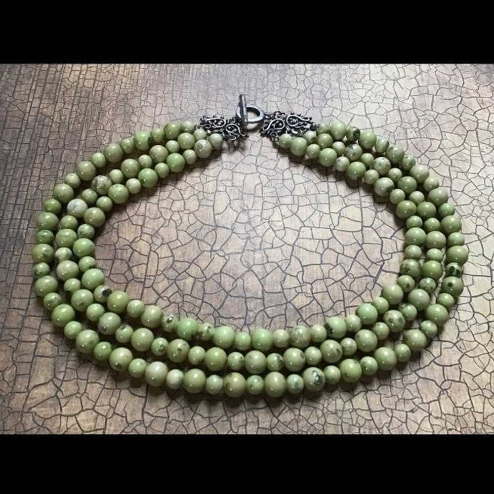 Green larger Beads 3 strings choker vintage neckl… - image 1