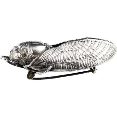 Antique French silver cicada brooch, Art Nouveau - image 1