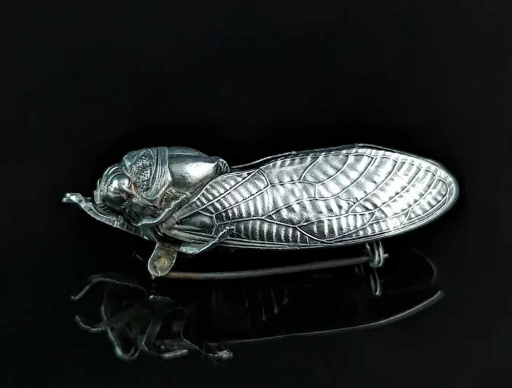 Antique French silver cicada brooch, Art Nouveau - image 2