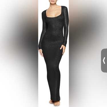 Skims Soft Lounge Shimmer Long Slip Dress in Black