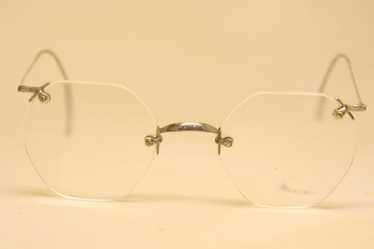 Antique Eyeglasses Silver Rimless 43X40mm Saddle … - image 1