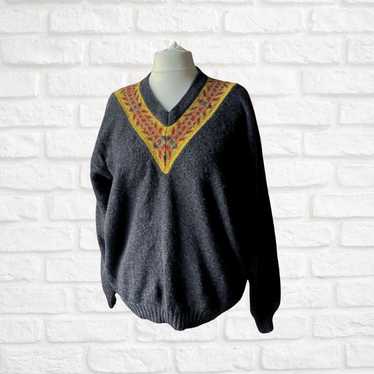 Vintage Dark Charcoal Wool Jumper with Decorated … - image 1