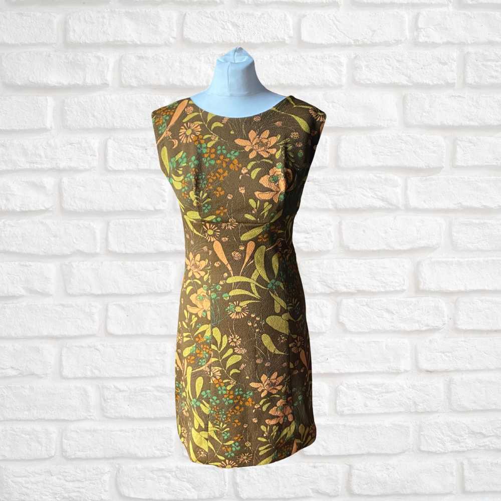 Vintage 60s Green, Peach and Brown Floral Print M… - image 1