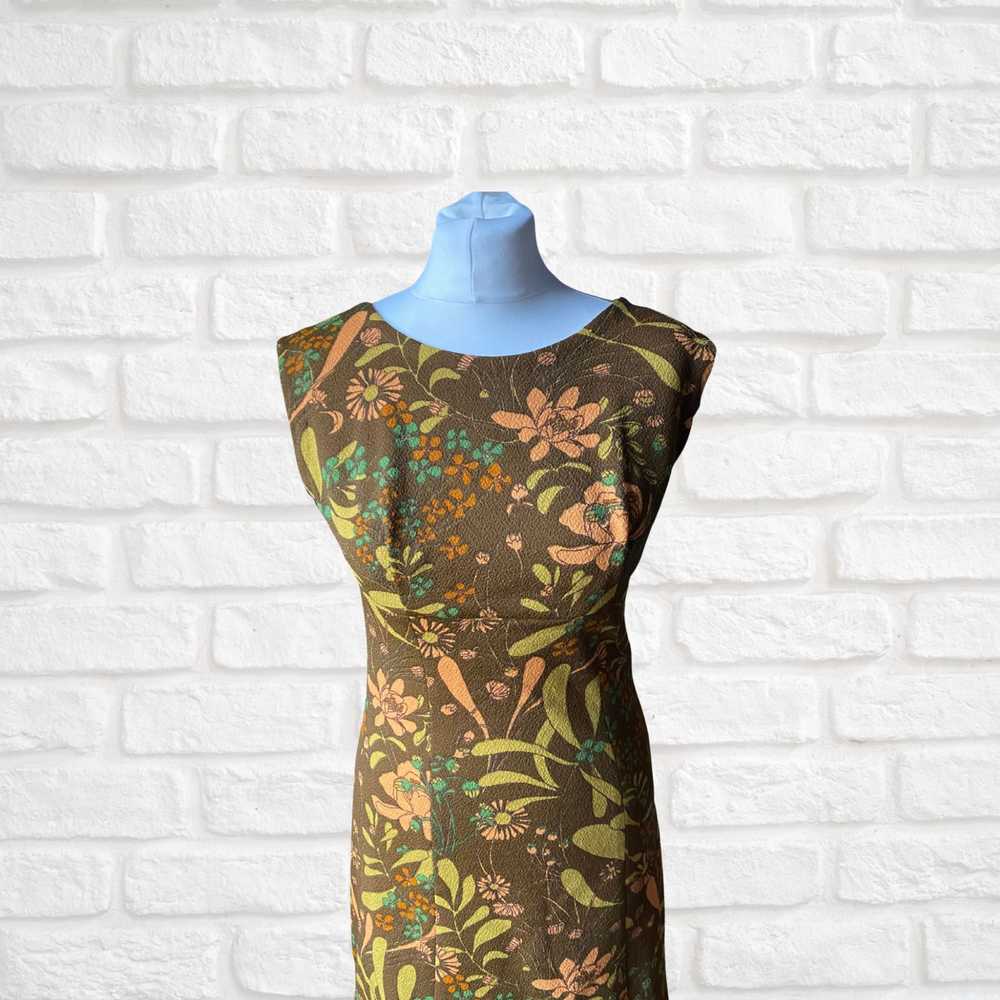 Vintage 60s Green, Peach and Brown Floral Print M… - image 2