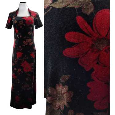 90s Grunge Floral Long Dress Size S Black Stretch… - image 1