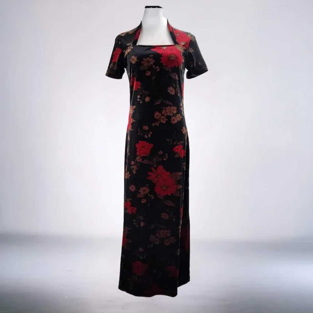 90s Grunge Floral Long Dress Size S Black Stretch… - image 3