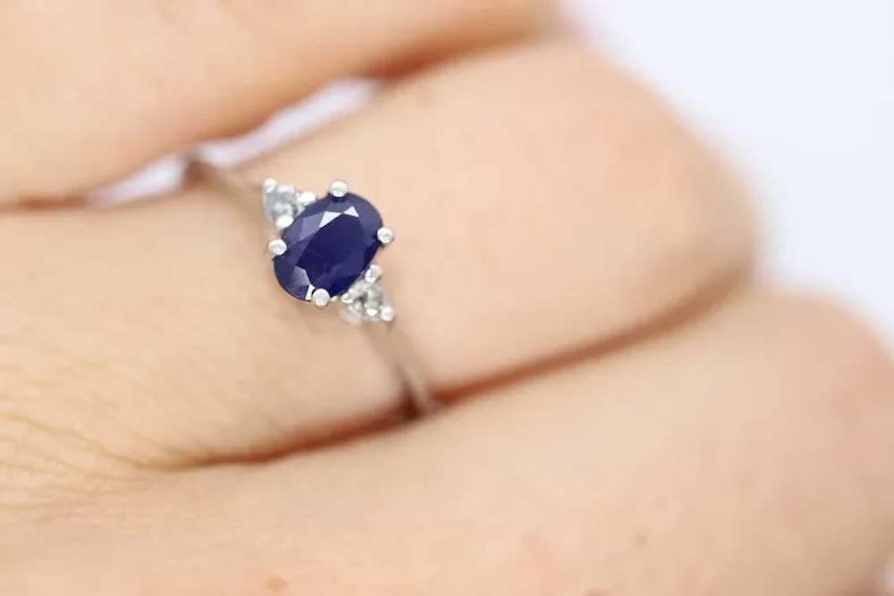 Platinum Genuine Sapphire and diamond ring. Oval … - image 2