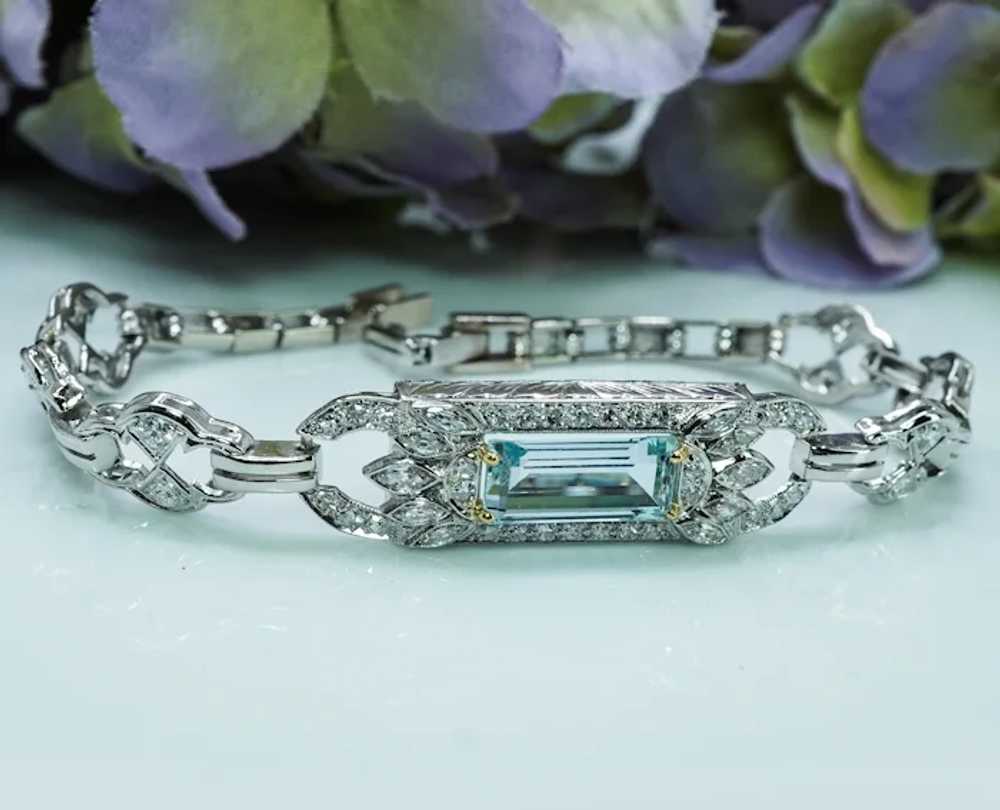 Art Deco Platinum Aquamarine Marquise Round Diamo… - image 10