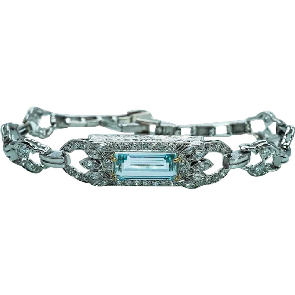 Art Deco Platinum Aquamarine Marquise Round Diamo… - image 1