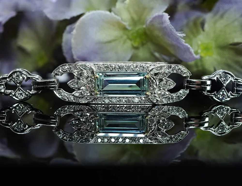 Art Deco Platinum Aquamarine Marquise Round Diamo… - image 2