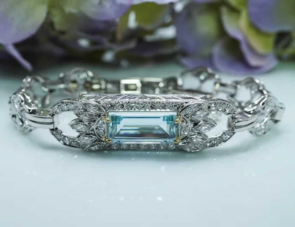 Art Deco Platinum Aquamarine Marquise Round Diamo… - image 3