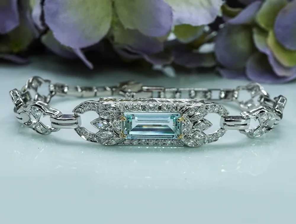 Art Deco Platinum Aquamarine Marquise Round Diamo… - image 9