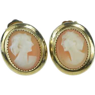 14K Oval Carved Shell Cameo Vintage Stud Earrings… - image 1