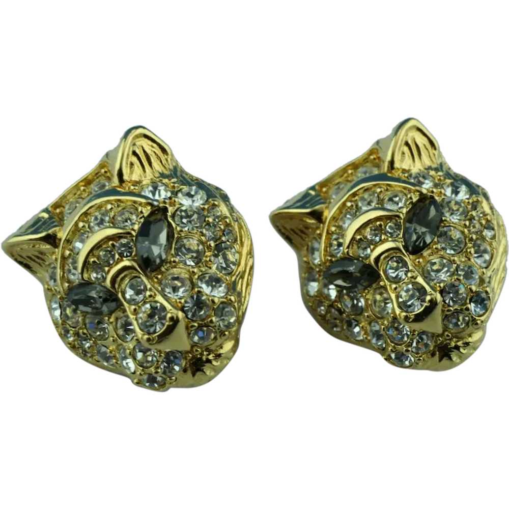 Trifari TM Leopard Clip on Rhinestone Earrings 19… - image 1