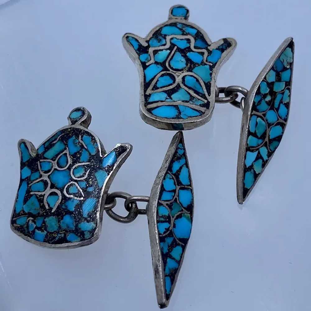 Vintage India Mosaic Turquoise Chip Inlay Silver … - image 2