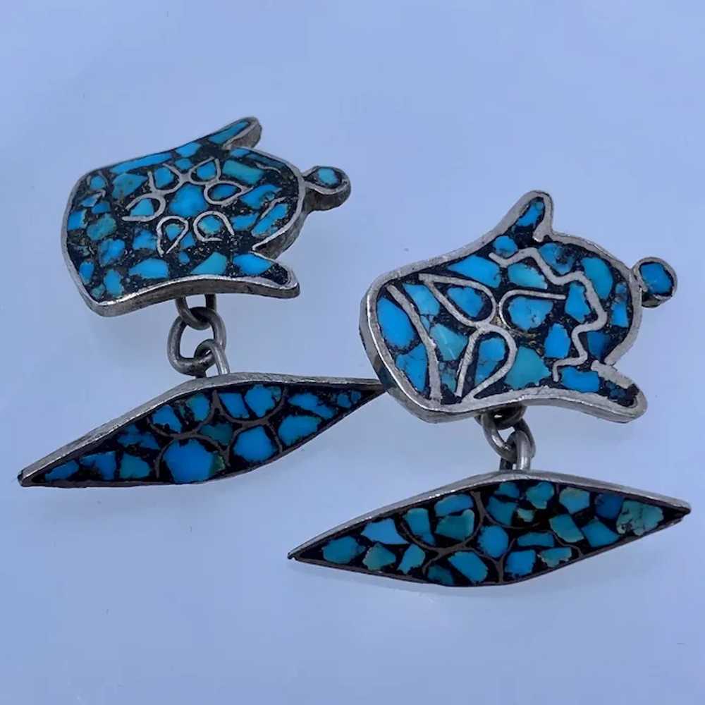 Vintage India Mosaic Turquoise Chip Inlay Silver … - image 3