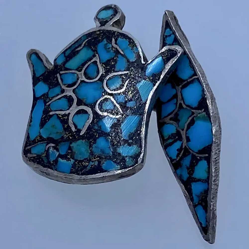 Vintage India Mosaic Turquoise Chip Inlay Silver … - image 4