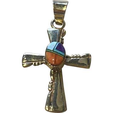 Gold and Multicolored Inlay Cross Pendant - image 1