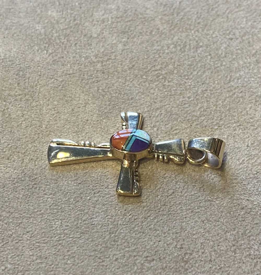 Gold and Multicolored Inlay Cross Pendant - image 2