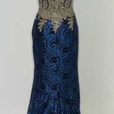 Midnight Blue Sequin and Rhinestone Evening Gown