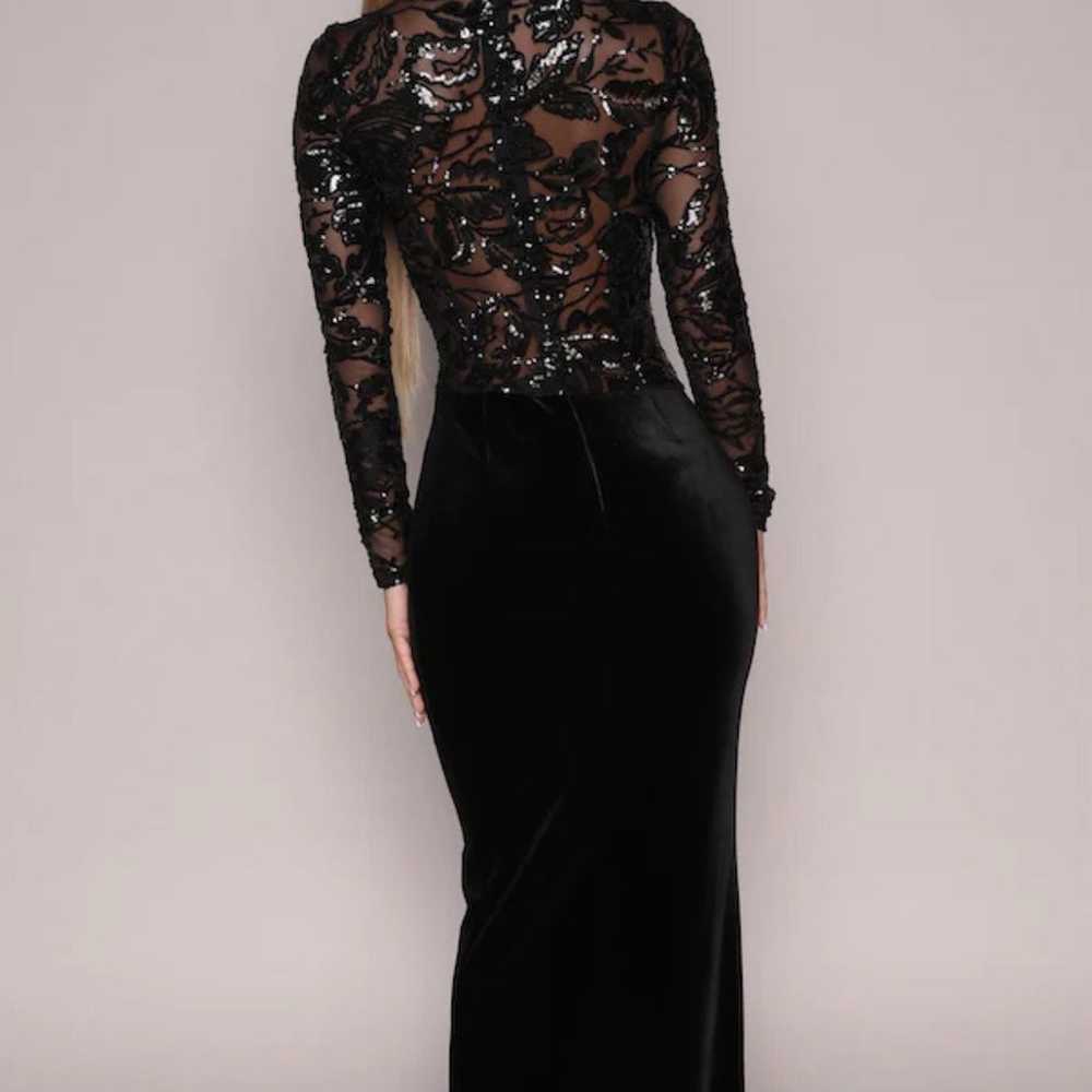 Onyx Sheer Sequin and Velvet Gown- Black - image 2