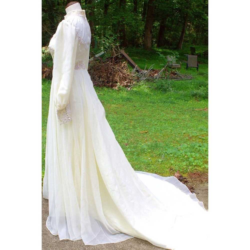 Vtg 80s Ivory Wedding Dress Veil Hi Neck Bead She… - image 12