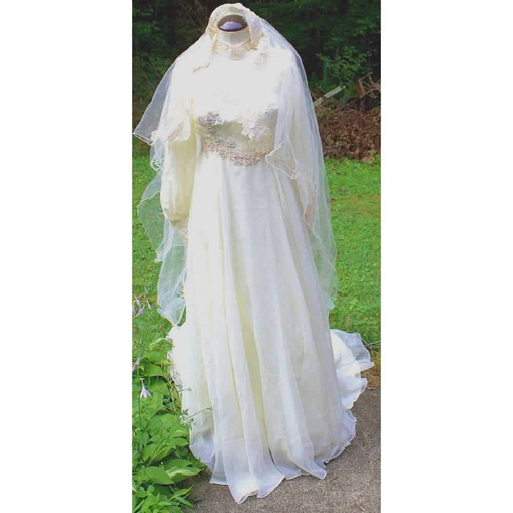 Vtg 80s Ivory Wedding Dress Veil Hi Neck Bead She… - image 1