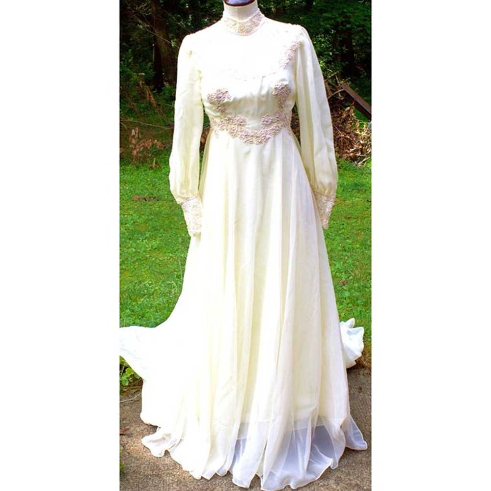 Vtg 80s Ivory Wedding Dress Veil Hi Neck Bead She… - image 2