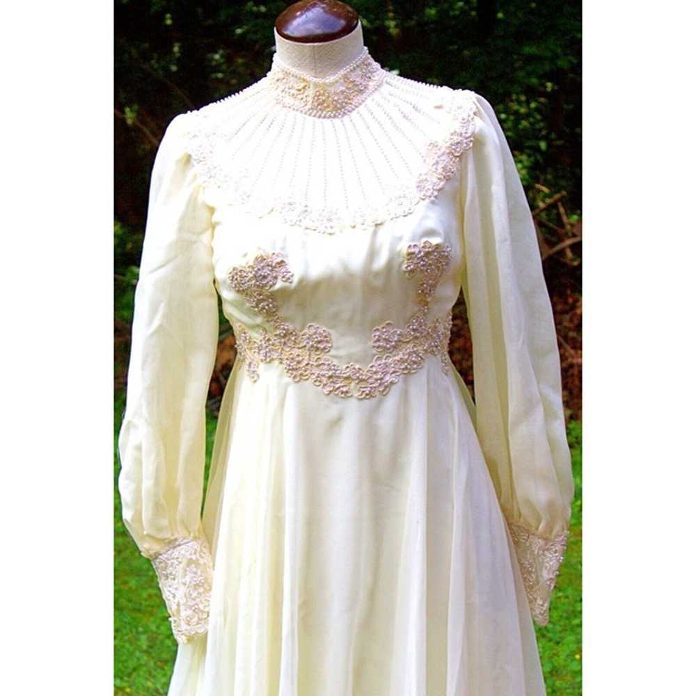 Vtg 80s Ivory Wedding Dress Veil Hi Neck Bead She… - image 3