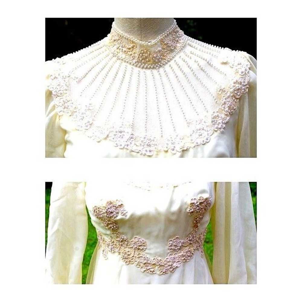 Vtg 80s Ivory Wedding Dress Veil Hi Neck Bead She… - image 4