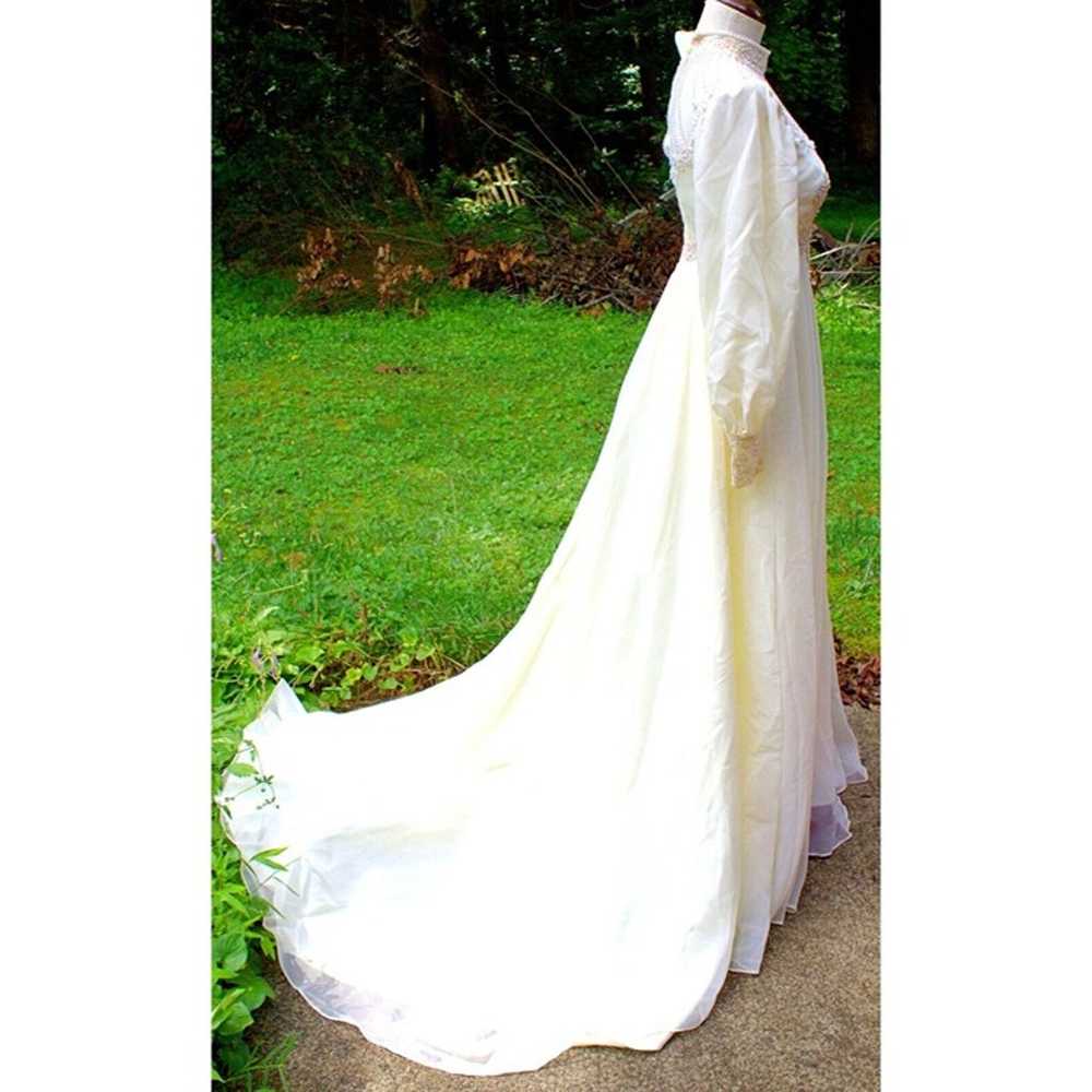 Vtg 80s Ivory Wedding Dress Veil Hi Neck Bead She… - image 5
