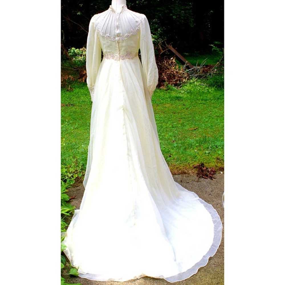Vtg 80s Ivory Wedding Dress Veil Hi Neck Bead She… - image 8