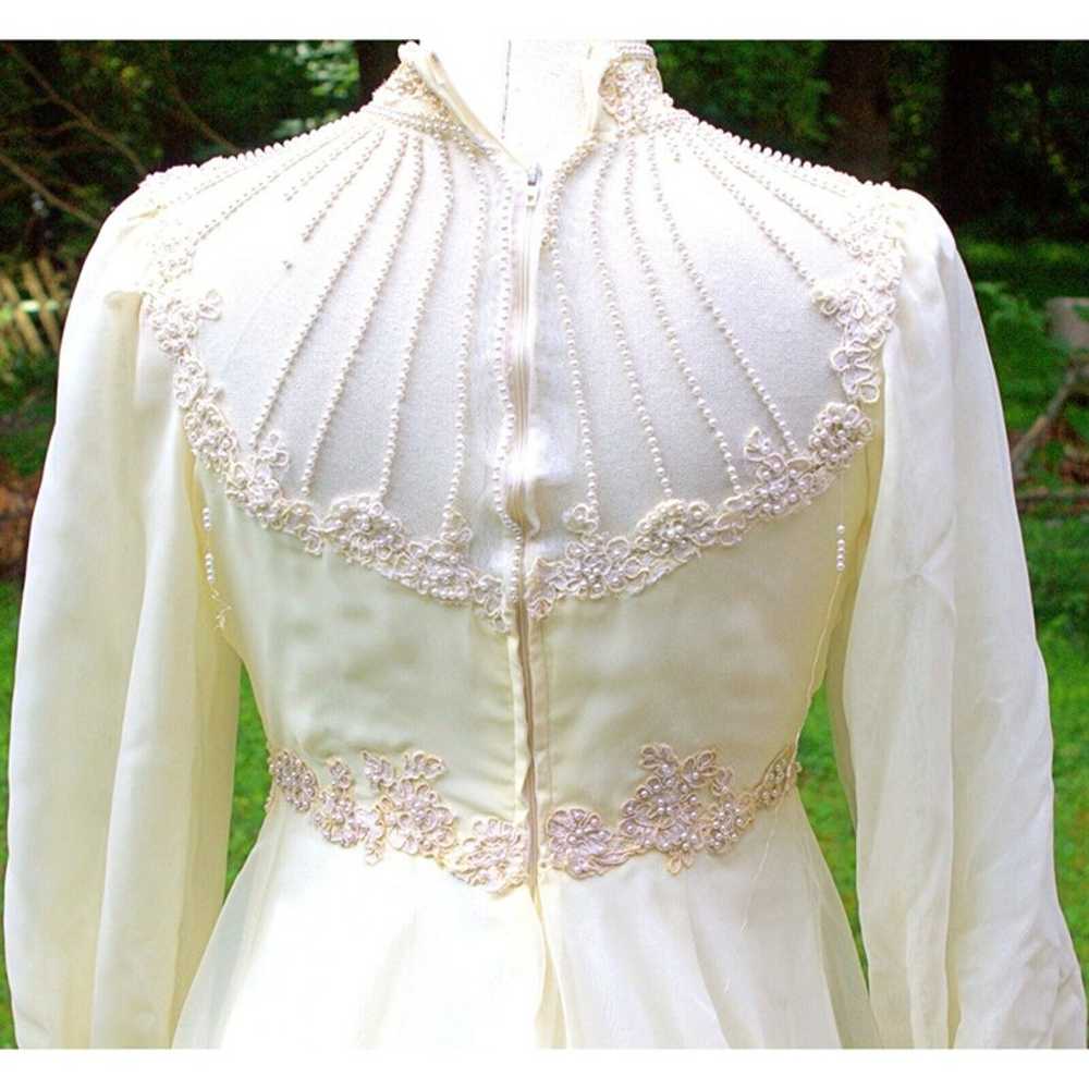 Vtg 80s Ivory Wedding Dress Veil Hi Neck Bead She… - image 9