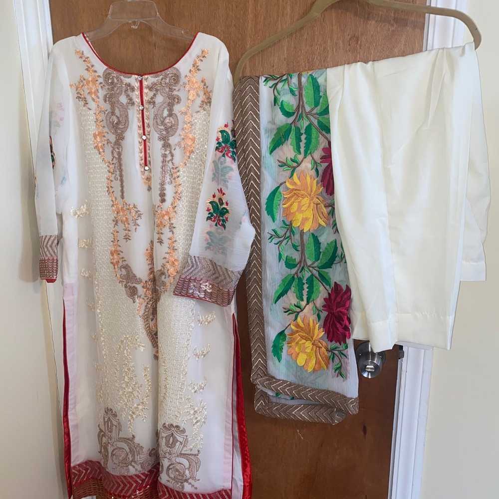 White floral stitched pakistani suit - image 1