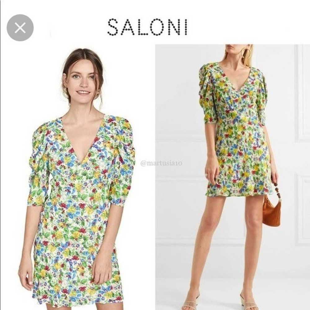 Saloni Colette Floral Print Ruched Puff Sleeve Dr… - image 1