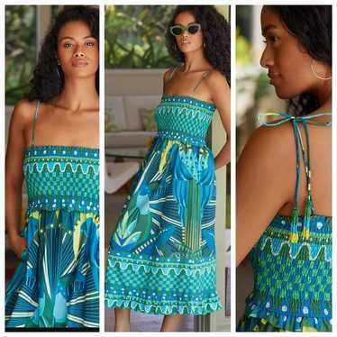Anthropologie x Farm Rio Smocked-Waist Dress V-Neck Long Sleeves Print XS  New