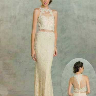 Aspeed Cream & Sheer Lace Crystal Embellished Gown