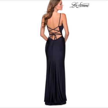 La Femme 28421 Navy Side Ruched Gown 6
